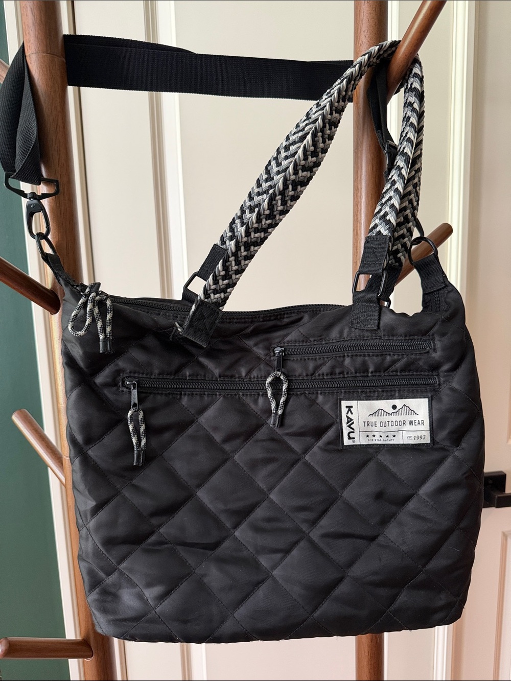 Kavu Quilted Black Shoulder Tote with Braided Straps
